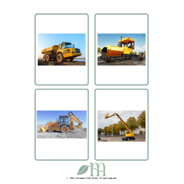 sample page of the construction vehicle matching cards