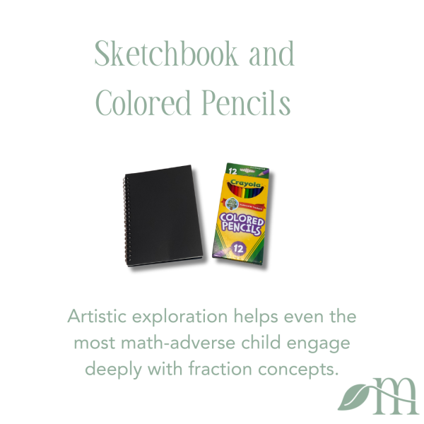 Sketchbook and colored pencils in the Montessori Fraction Circles Learning Kit